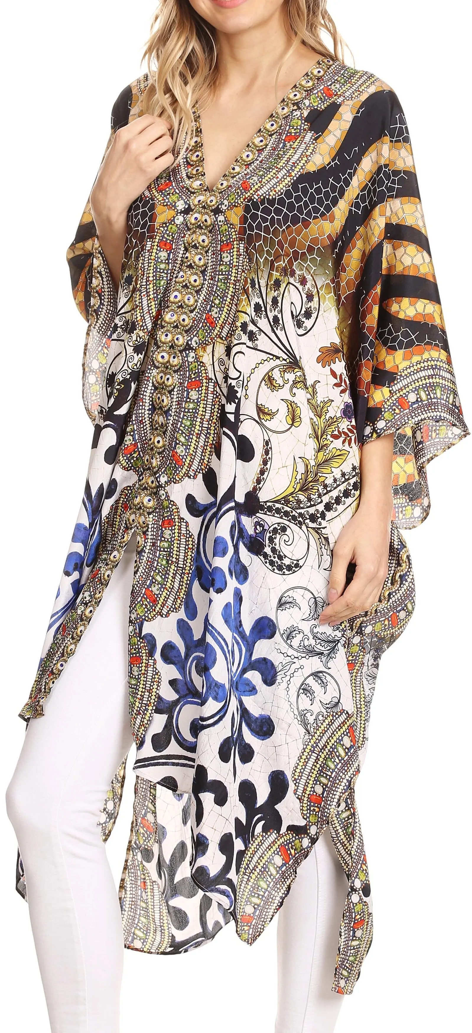 Sakkas Libra Mid Length Caftan Dress / Cover Up With Tribal Print / Rhinestones