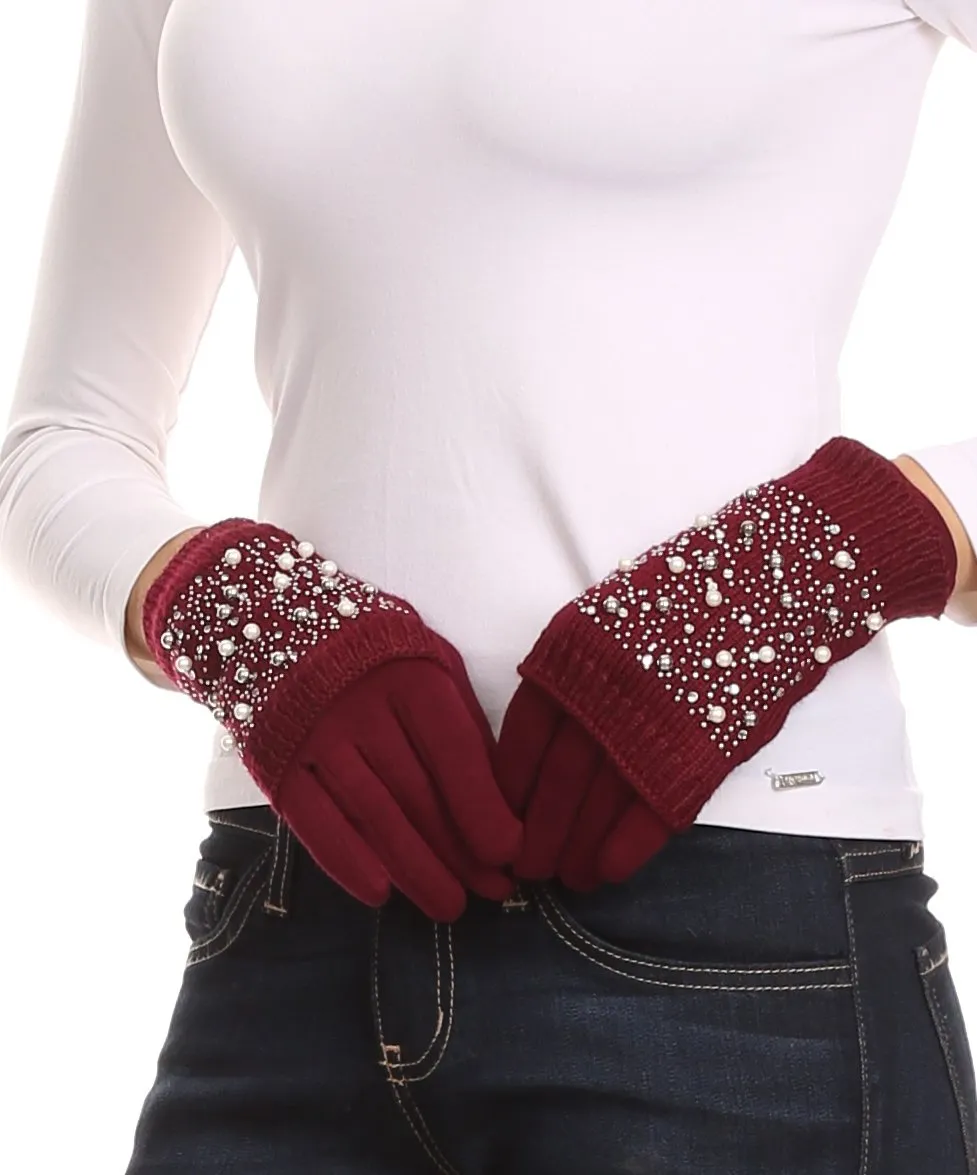 Sakkas Tam Rhinestone Pearl Touch Screen Tip Knitted Glove With Removable Sleeve