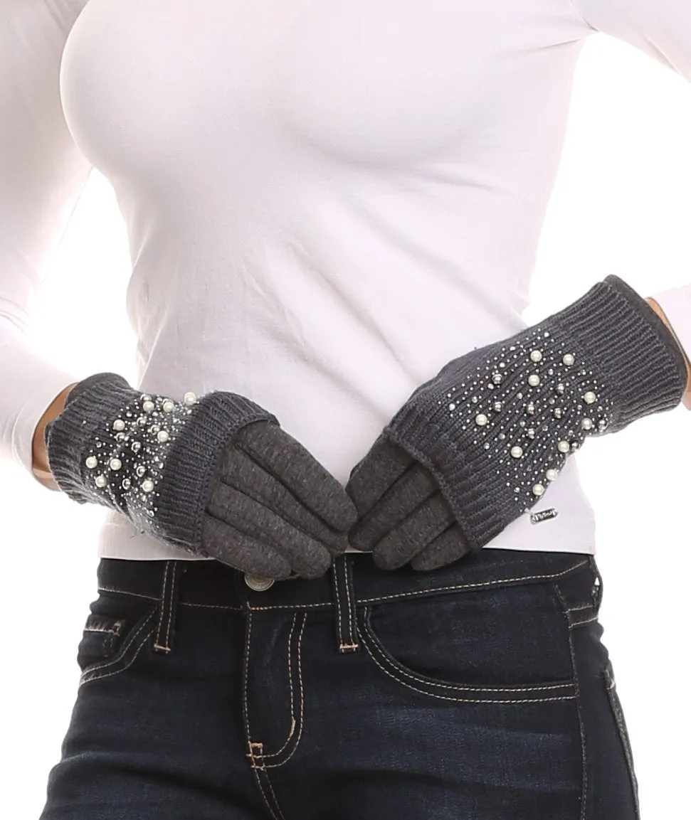 Sakkas Tam Rhinestone Pearl Touch Screen Tip Knitted Glove With Removable Sleeve