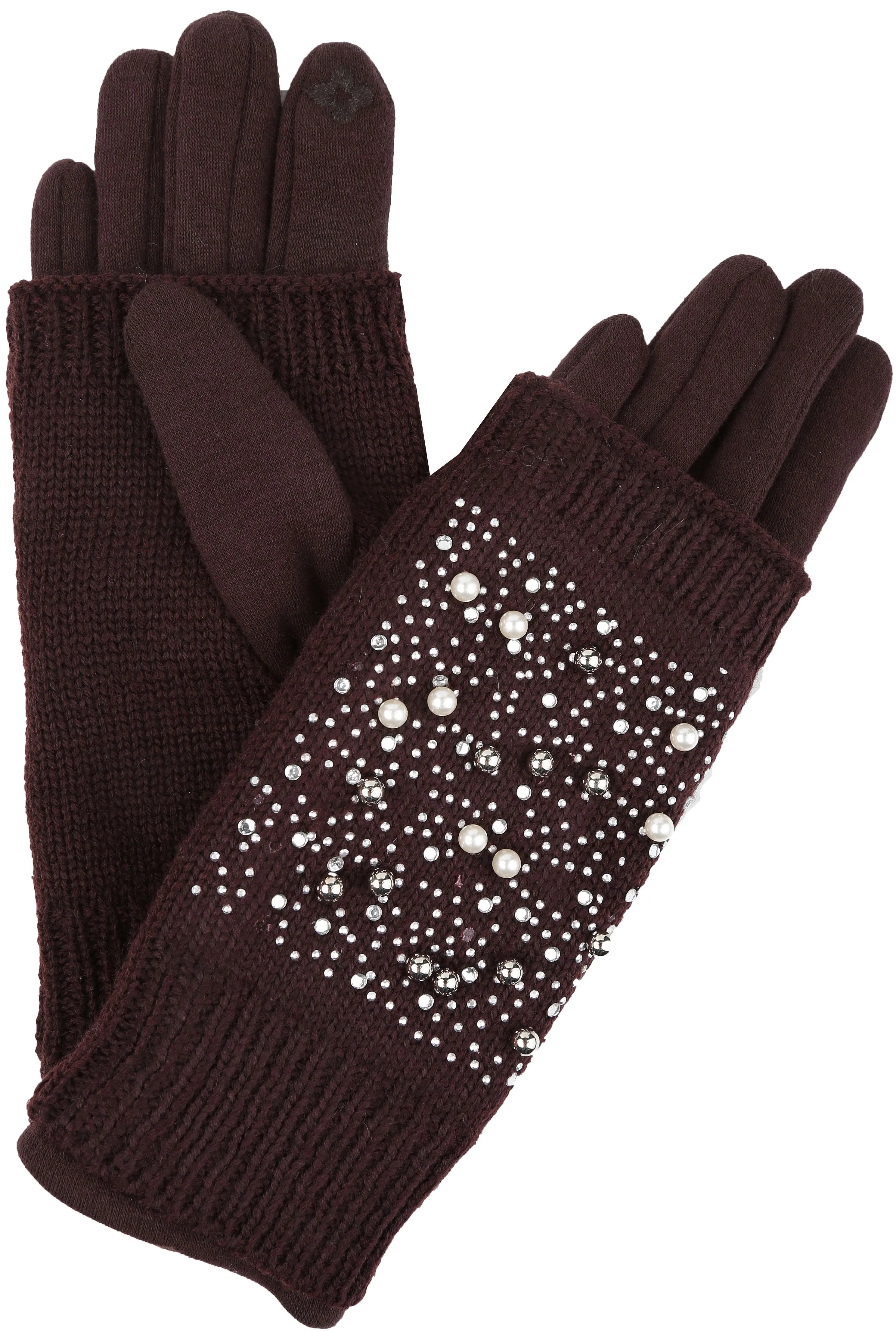 Sakkas Tam Rhinestone Pearl Touch Screen Tip Knitted Glove With Removable Sleeve