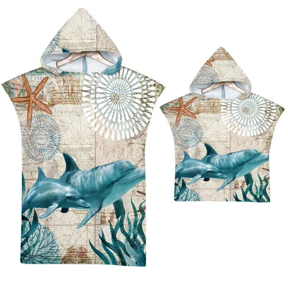 Sea Turtle Large Beach Towel Bath Towels Quick Dry Hooded Cloak Wetsuit Adult Kids Poncho Parent-Child Bathrobe for Swim Surf