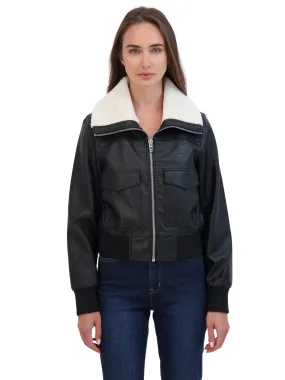 Sebby Collection Women's Faux Leather Bomber With Faux Fur Collar