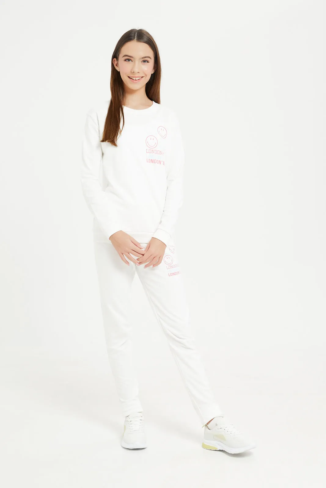 Senior Girls White Printed Jog suit (2 Piece)