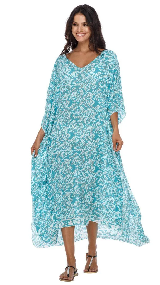 SHU-SHI Women's Long Beach Floral Caftan Tunic Dress - Swimsuit Cover-Up Loose Poncho