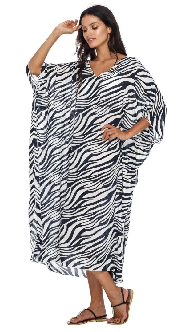 SHU-SHI Women's Long Beach Zebra Caftan Tunic Dress - Swimsuit Cover-Up Loose Poncho