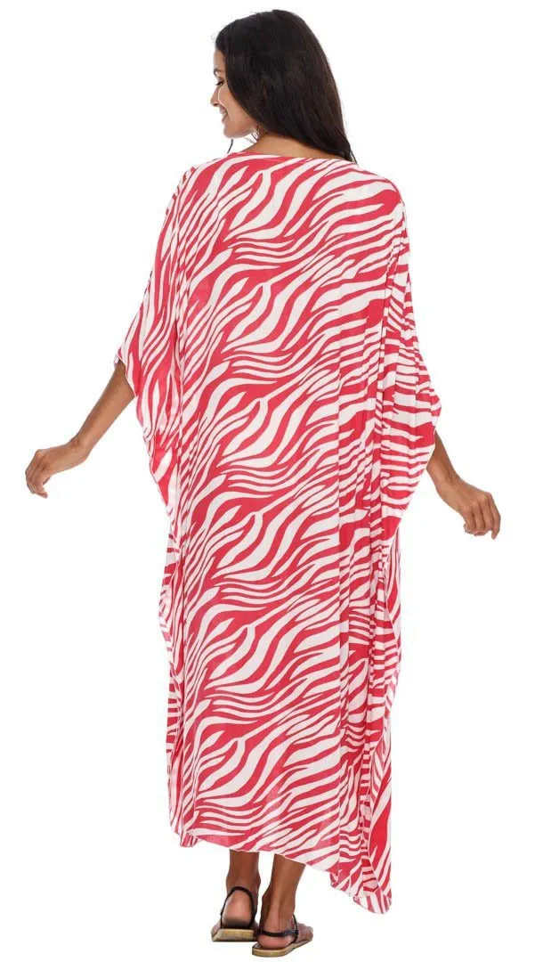 SHU-SHI Women's Long Beach Zebra Caftan Tunic Dress - Swimsuit Cover-Up Loose Poncho