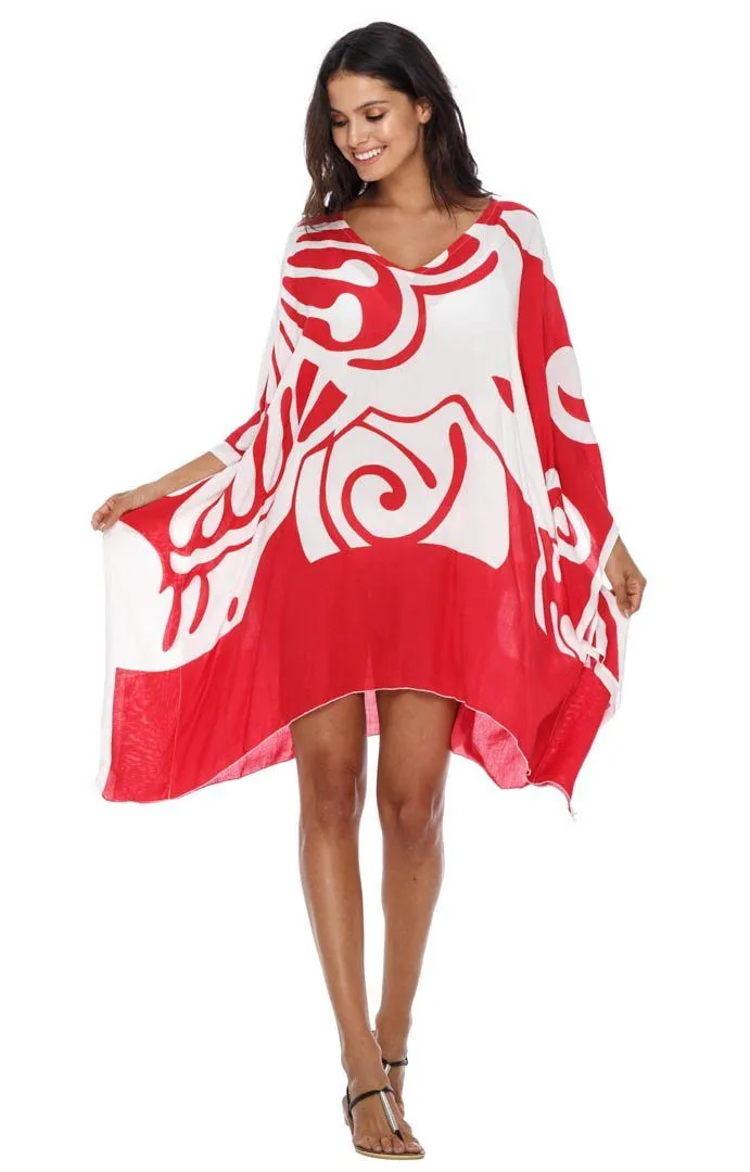 SHU-SHI Women's Short Beach Caftan - Butterfly Loose Swimsuit Cover-Up, Poncho Tunic Dress