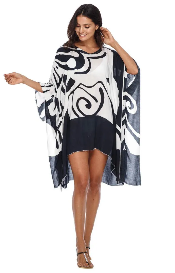 SHU-SHI Women's Short Beach Caftan - Butterfly Loose Swimsuit Cover-Up, Poncho Tunic Dress