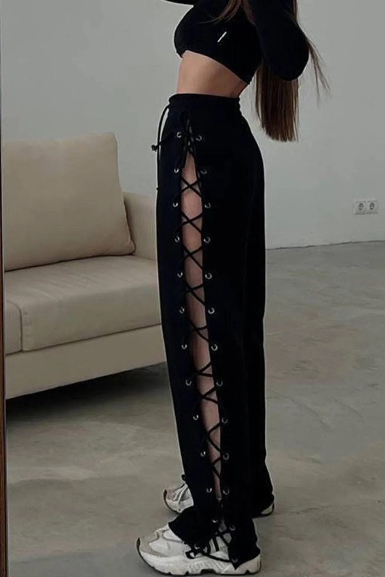 Side Slit Tie-up Cutout Wide-leg Long Pants