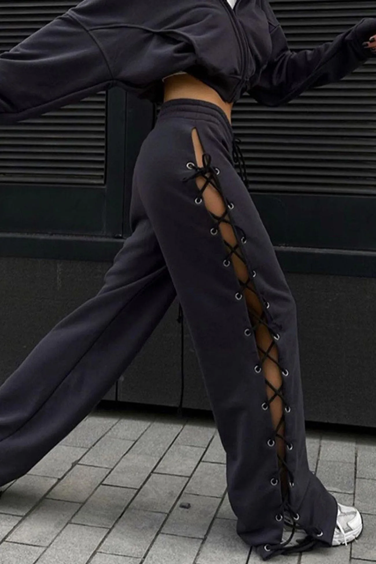 Side Slit Tie-up Cutout Wide-leg Long Pants