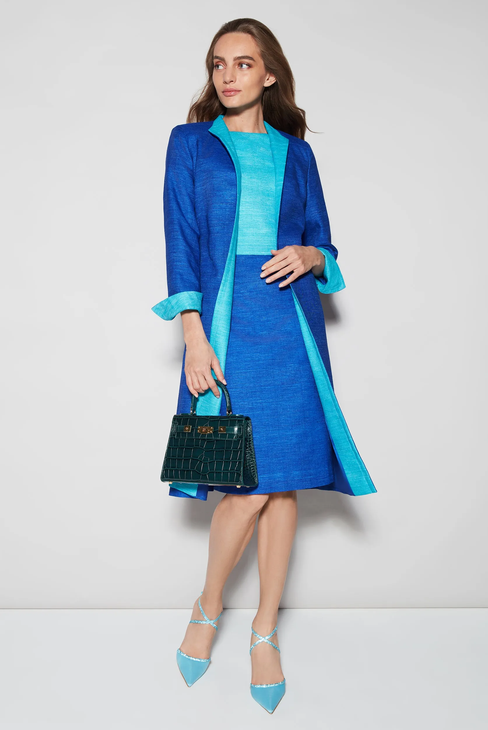 Silk Duster Coat in Sapphire and Turquoise Raw Silk Tussar - Leila