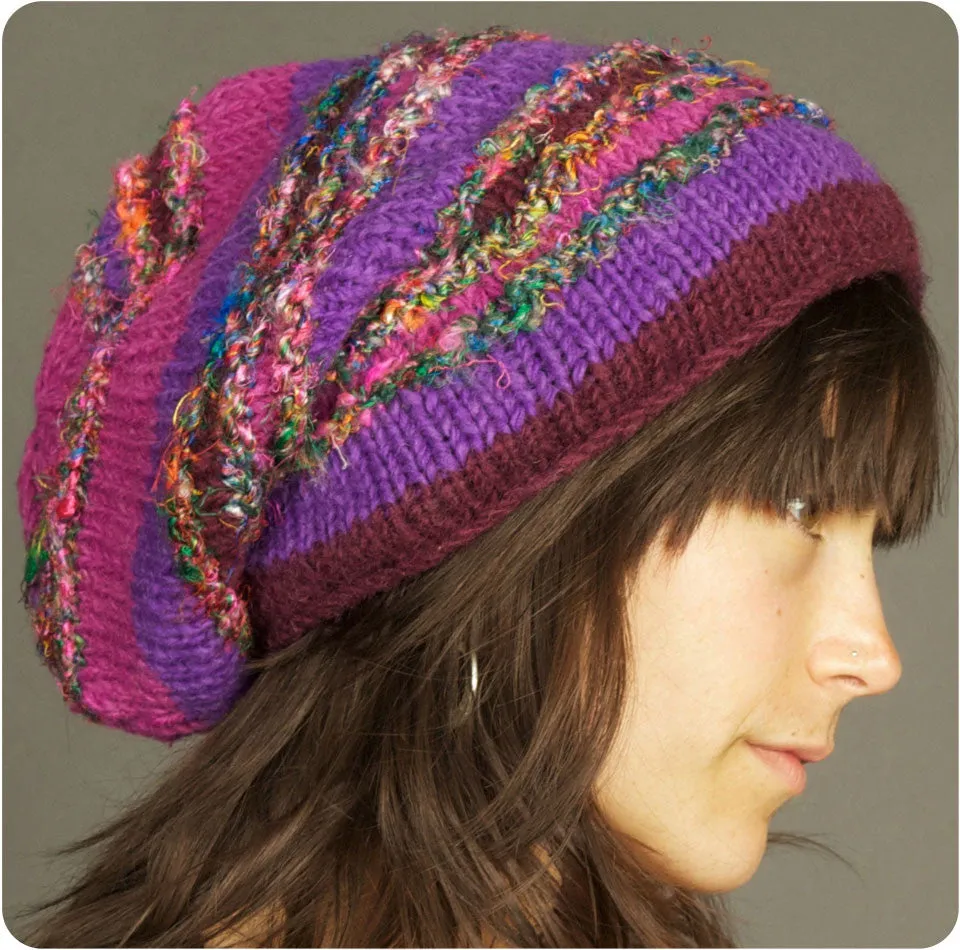 Slouchy Beanie with Silk Sari