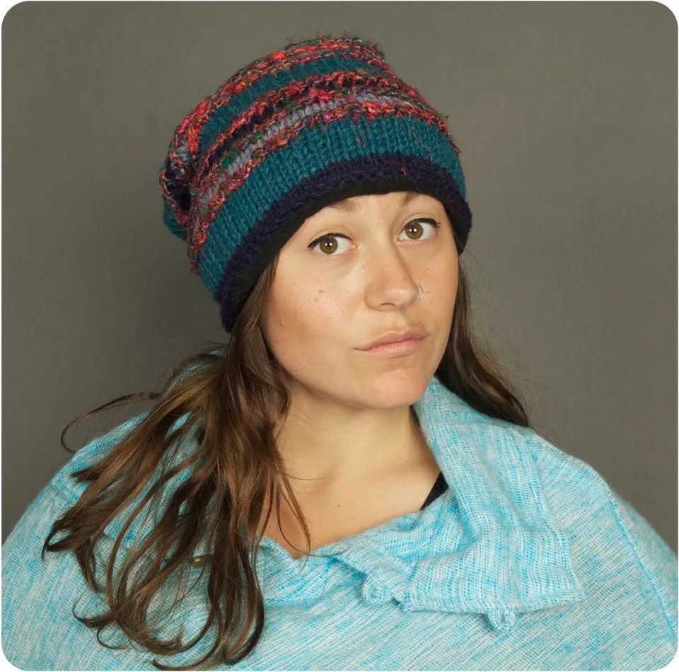 Slouchy Beanie with Silk Sari