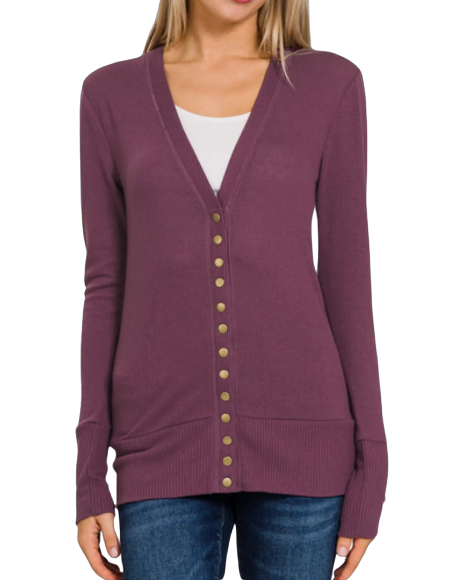 Snappy Dresser Knit Cardigan Sweater in Plum