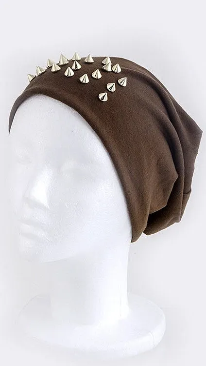 Spike Studded Beanie in Brown