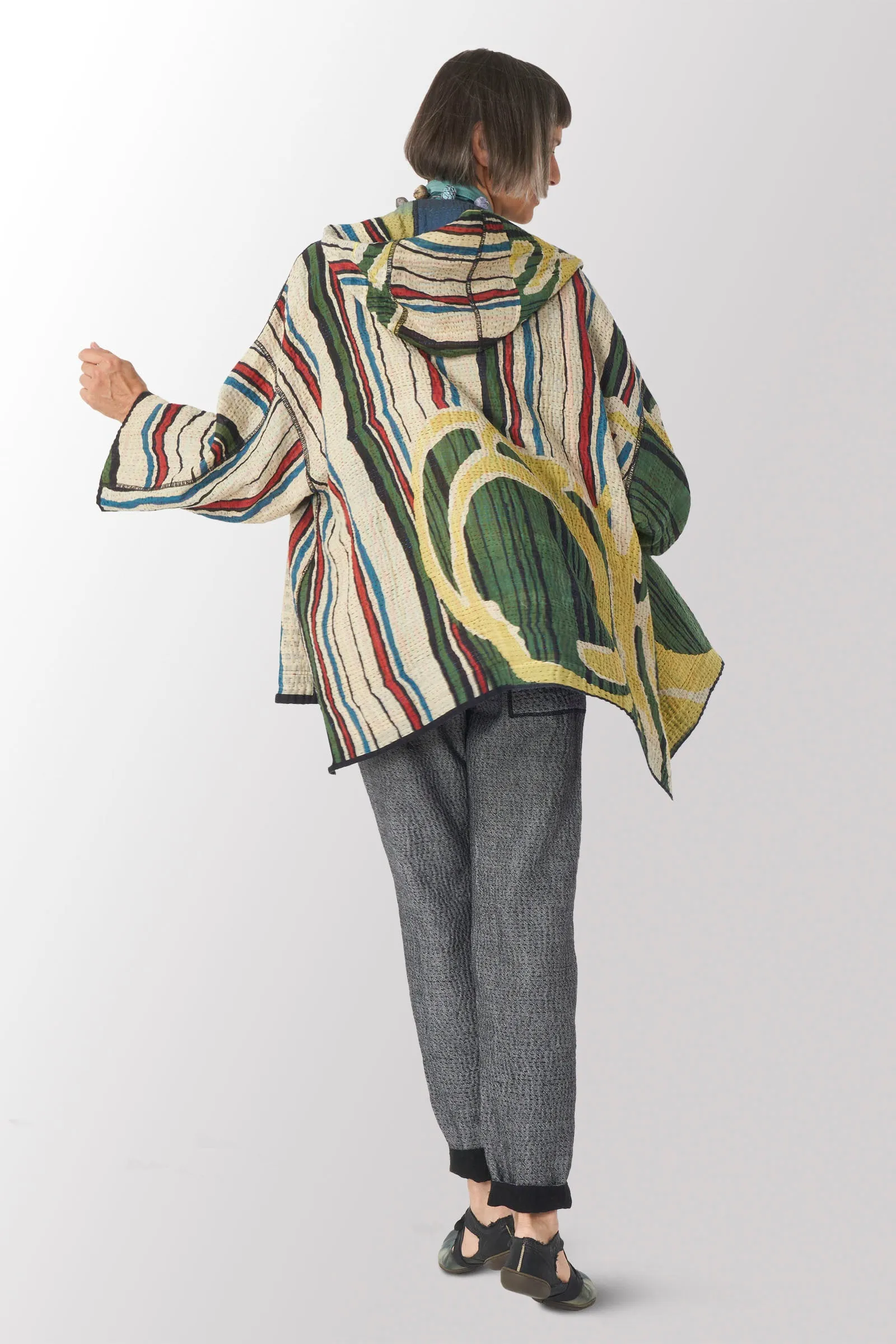 STRIPE AND BENDS KANTHA HOODIE PONCHO