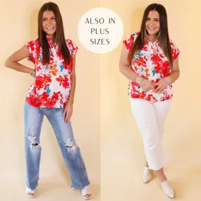 Summer Lover Floral Half Button Up Top with Short Sleeves in Red Mix