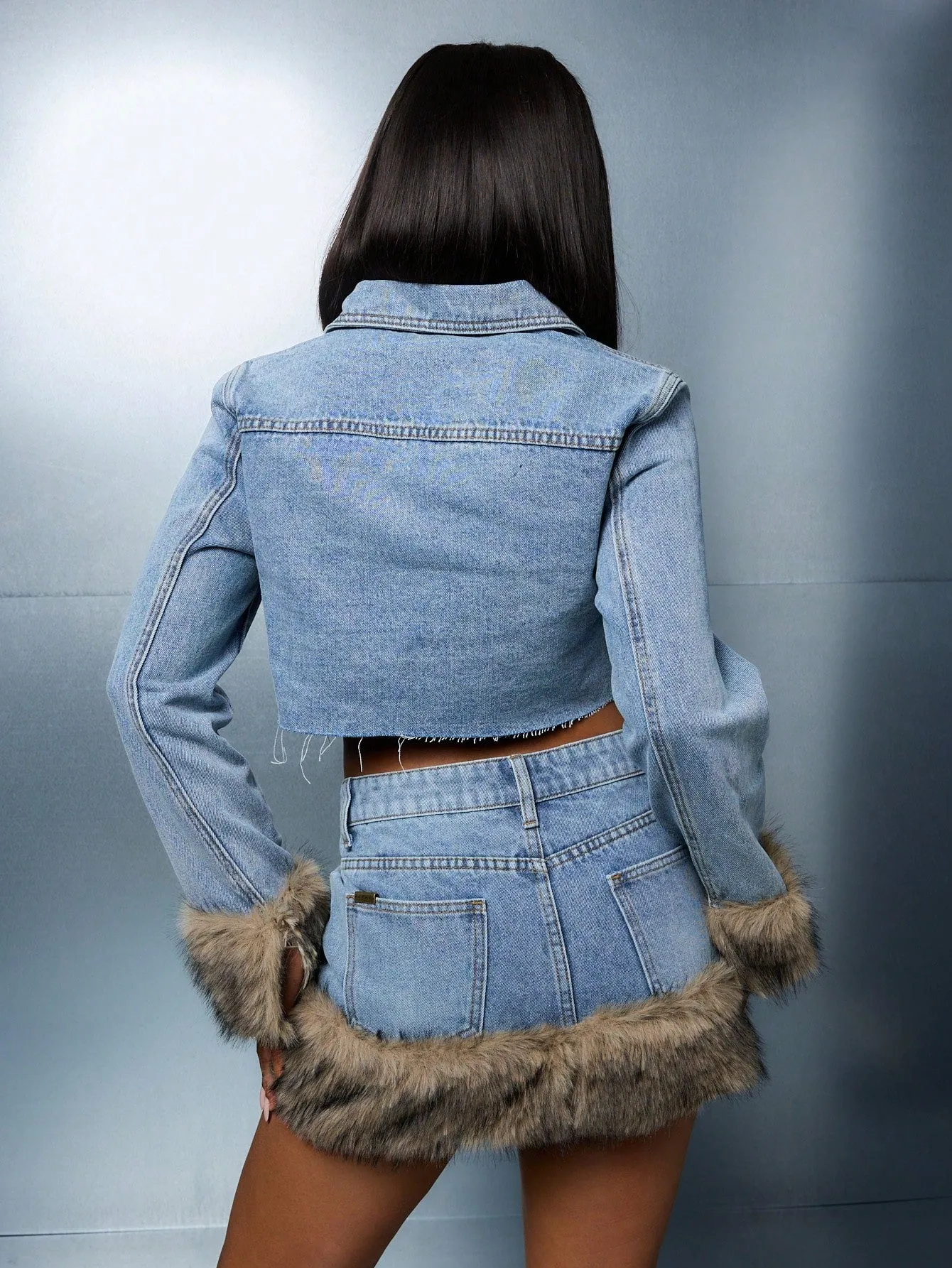 SUMWON WOMEN Raw Edge Crop Denim Jacket With Fluffy Detail