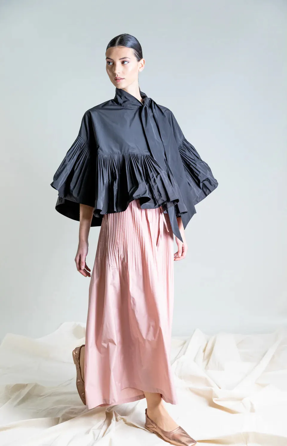 Taffeta Pleated Sleeve Poncho Top