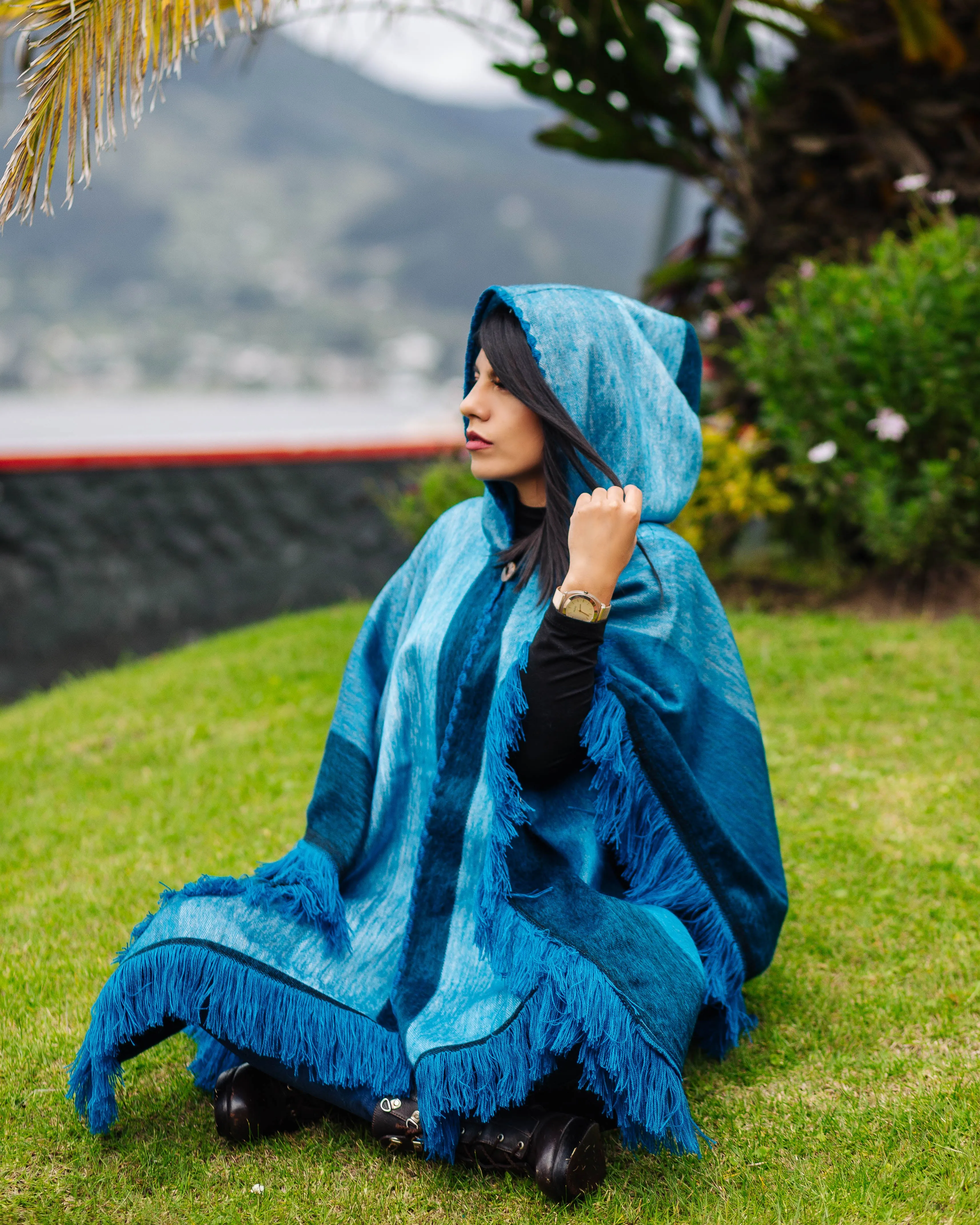 Teal Wave Alpaca Poncho With Hood