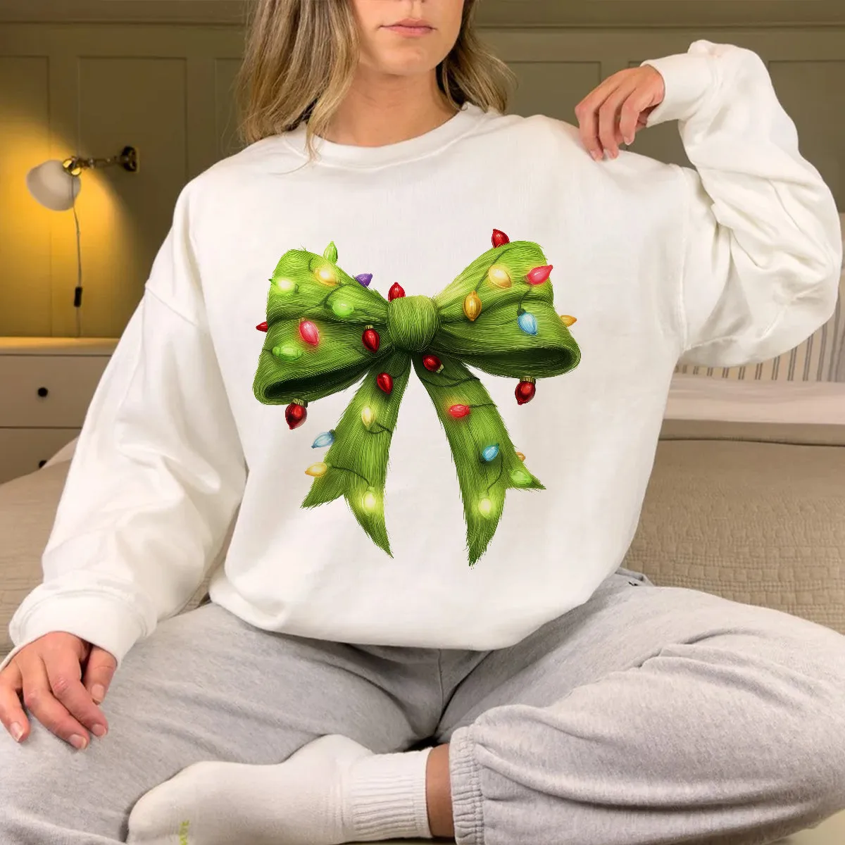 Teesdily | Green Christmas Coquette Bow Shirt, Green Fur Bow Christmas Sweatshirt, Christmas Light Bow Hoodie, Retro Christmas Gift