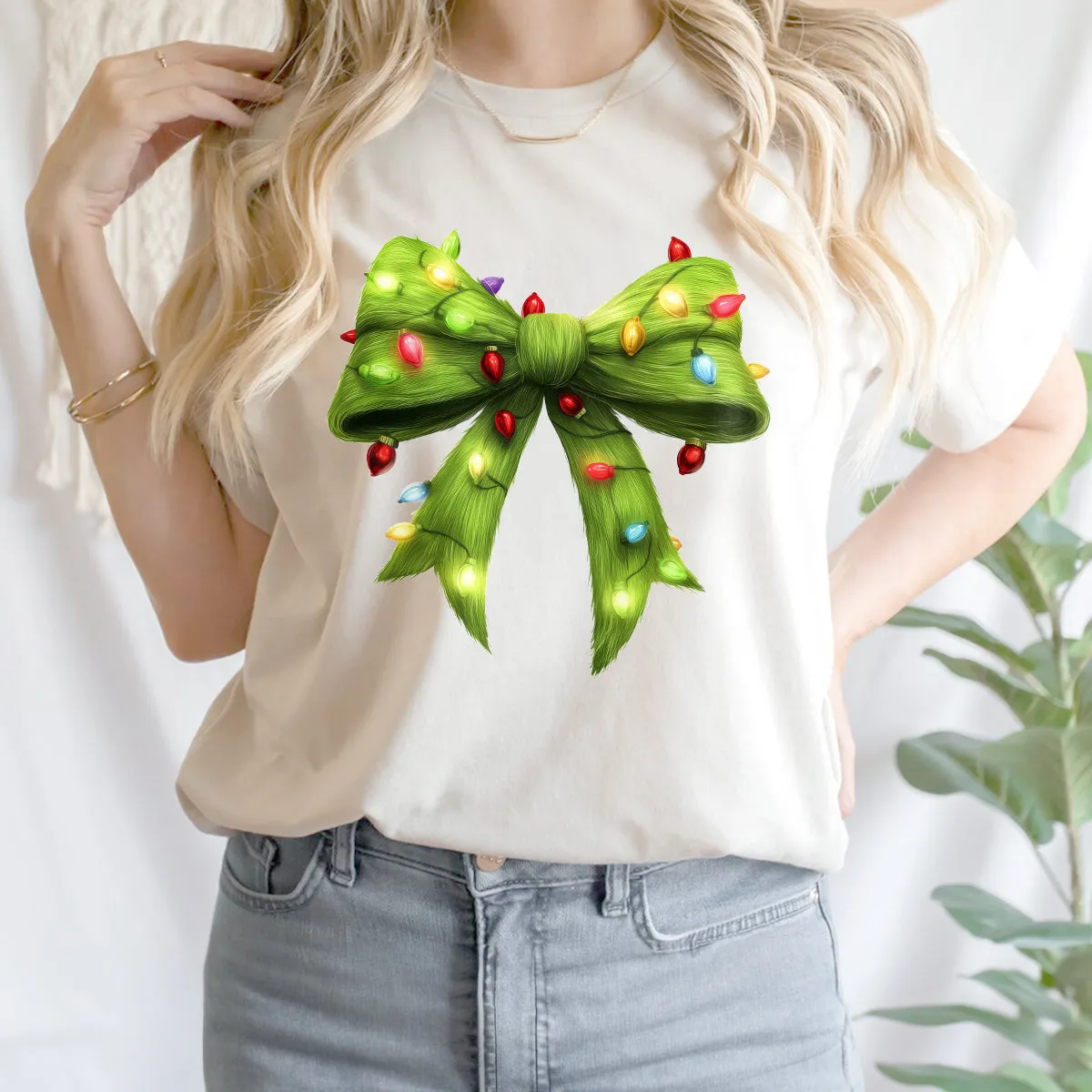 Teesdily | Green Christmas Coquette Bow Shirt, Green Fur Bow Christmas Sweatshirt, Christmas Light Bow Hoodie, Retro Christmas Gift