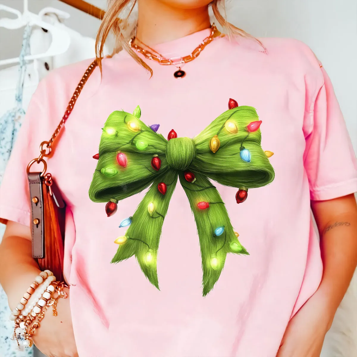 Teesdily | Green Christmas Coquette Bow Shirt, Green Fur Bow Christmas Sweatshirt, Christmas Light Bow Hoodie, Retro Christmas Gift