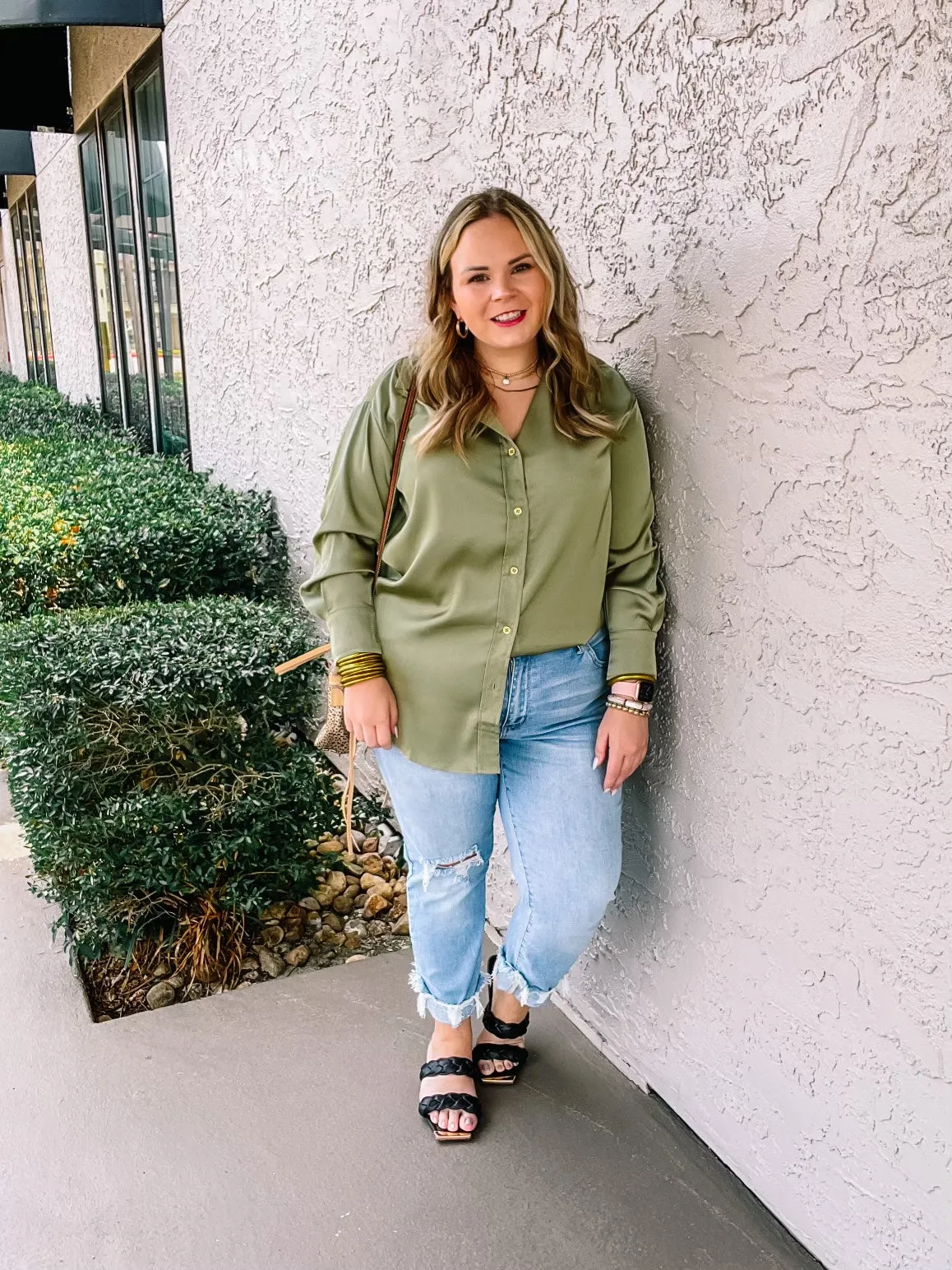 Tell Me Something Good Long Sleeve Button Up Top in Olive Green