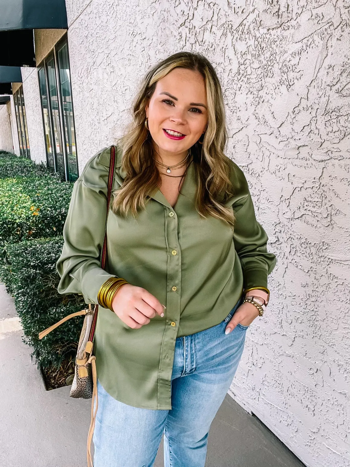 Tell Me Something Good Long Sleeve Button Up Top in Olive Green