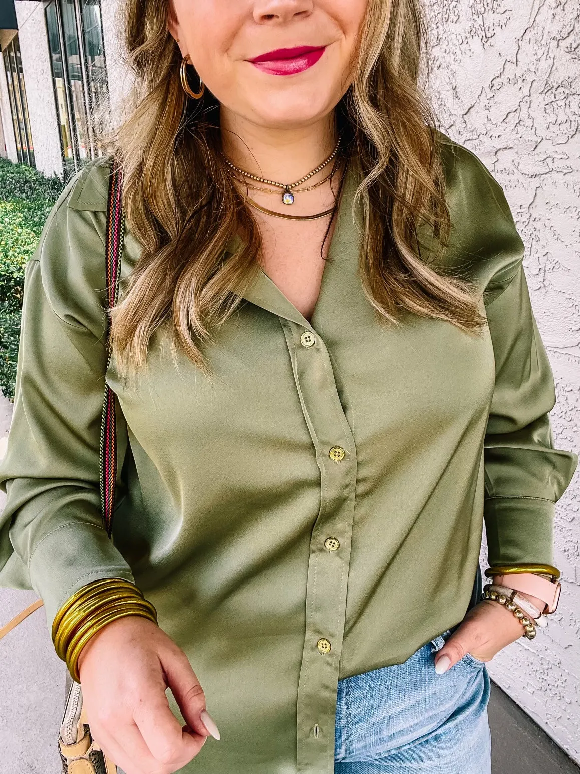 Tell Me Something Good Long Sleeve Button Up Top in Olive Green