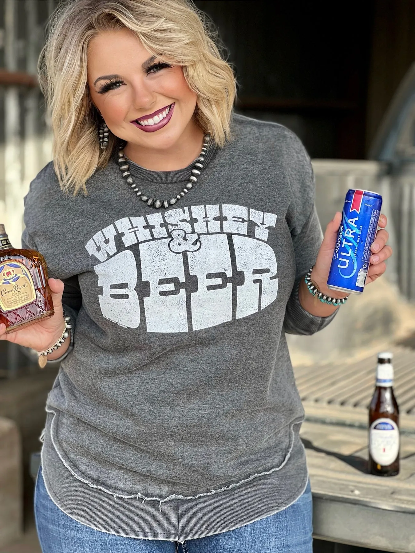 Texas True Threads "Beer & Whiskey" Sweatshirt, Gray