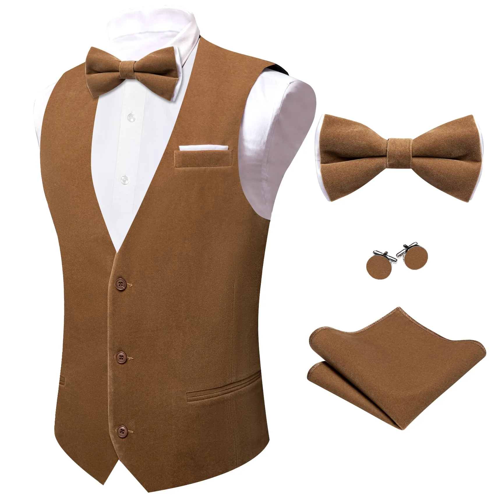 Ties2you Dress Vest Coffee Brown Solid V-Neck Mens Waistcoat Suede Leather Vest Bow Tie Set