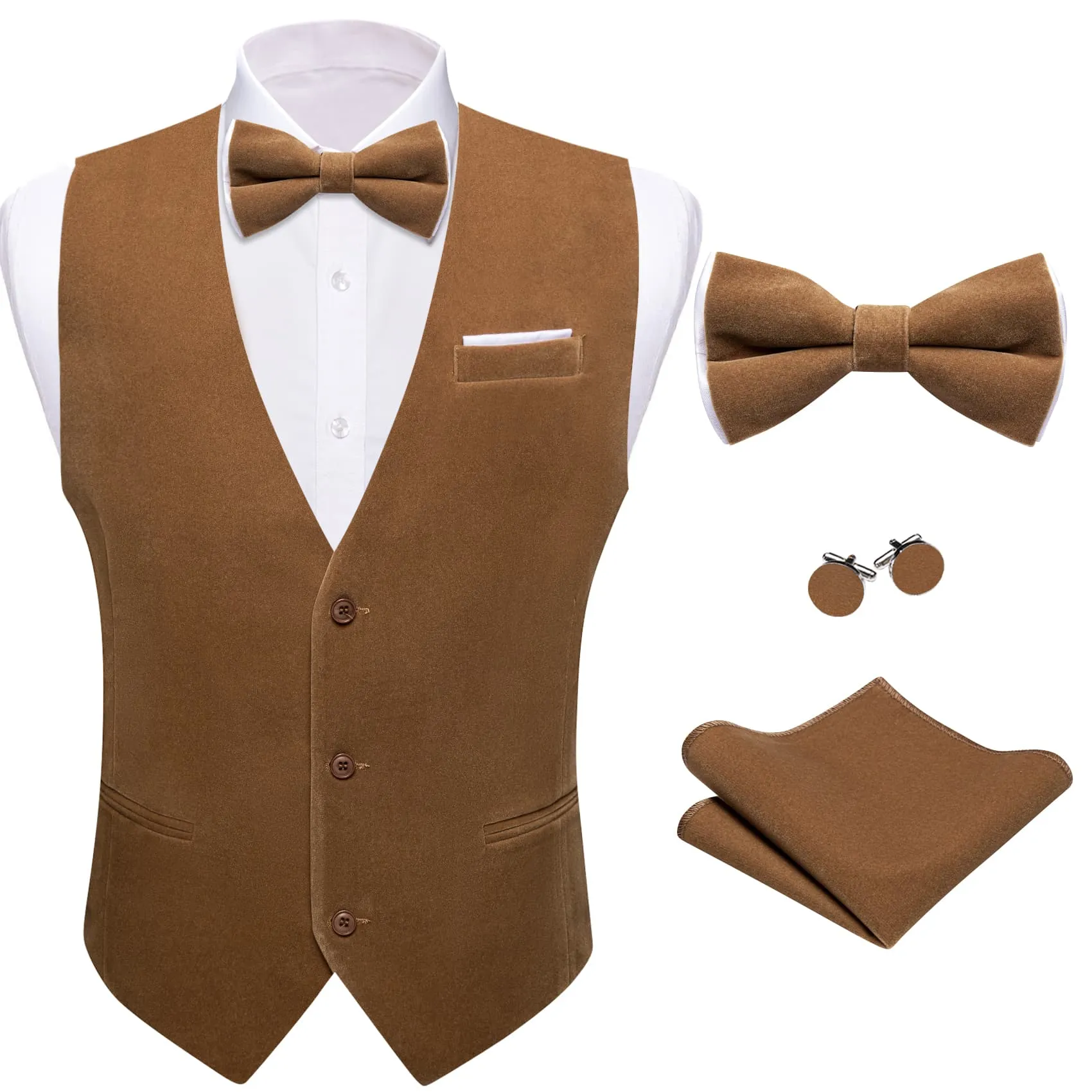 Ties2you Dress Vest Coffee Brown Solid V-Neck Mens Waistcoat Suede Leather Vest Bow Tie Set