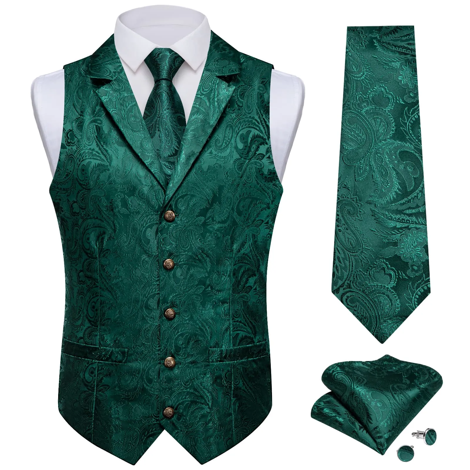 Ties2you Dress Vest Teal Green Paisley Notched Collar Silk Mens Waistcoat Tie Set