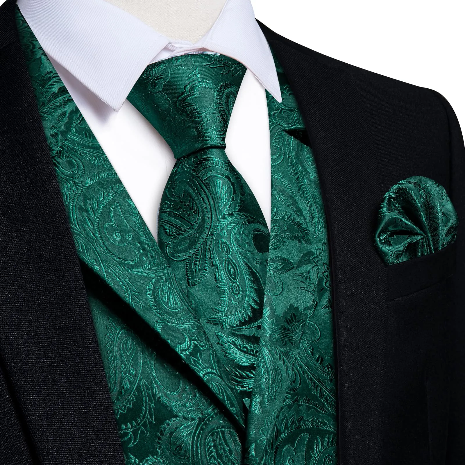 Ties2you Dress Vest Teal Green Paisley Notched Collar Silk Mens Waistcoat Tie Set