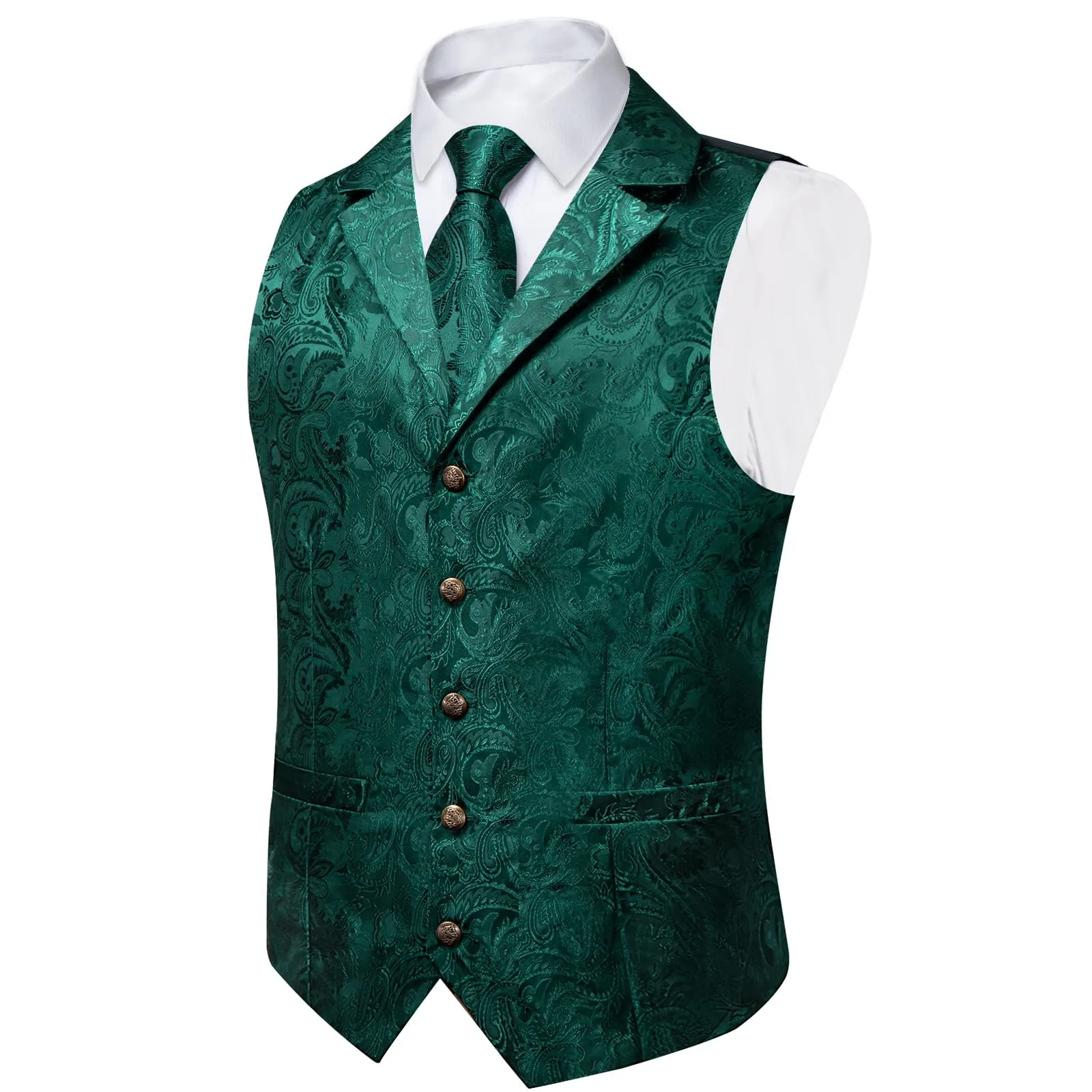 Ties2you Dress Vest Teal Green Paisley Notched Collar Silk Mens Waistcoat Tie Set