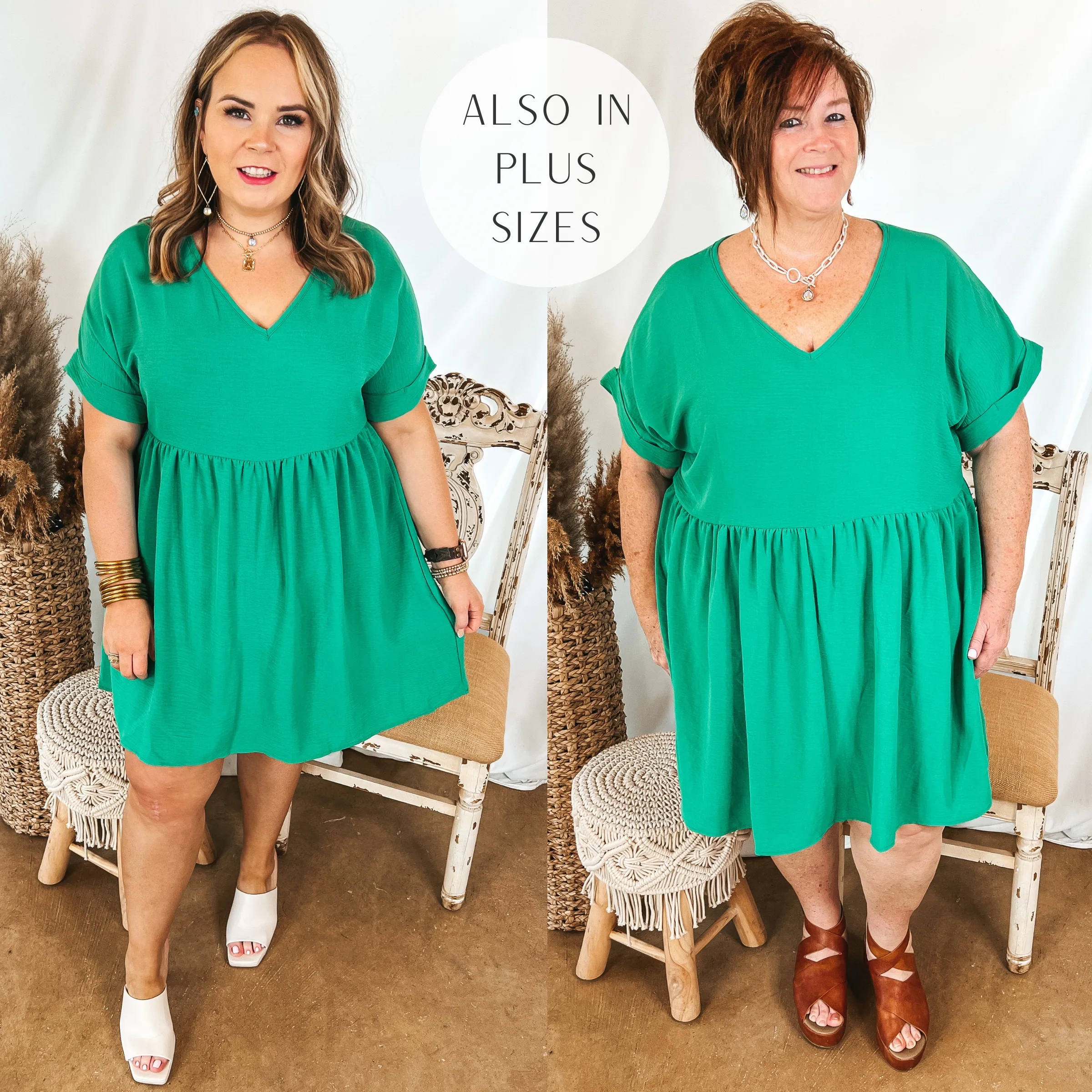 Touring the City V Neck Babydoll Dress in Green