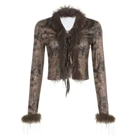 Trashy Y2k 2000s Tops with Faux Fur Collar and Cuffs Abstract Print Graphic T Shirts Long Sleeve Cardigan P67-CE20