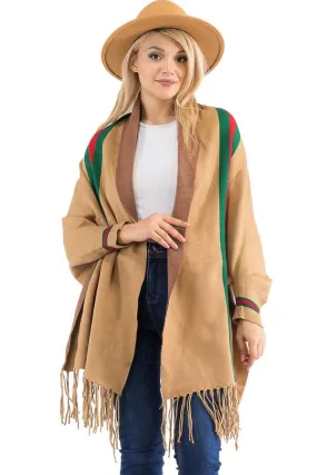 Tri-Stripe Faux Cashmere Cardigan Sweater Shrug Poncho: Camel