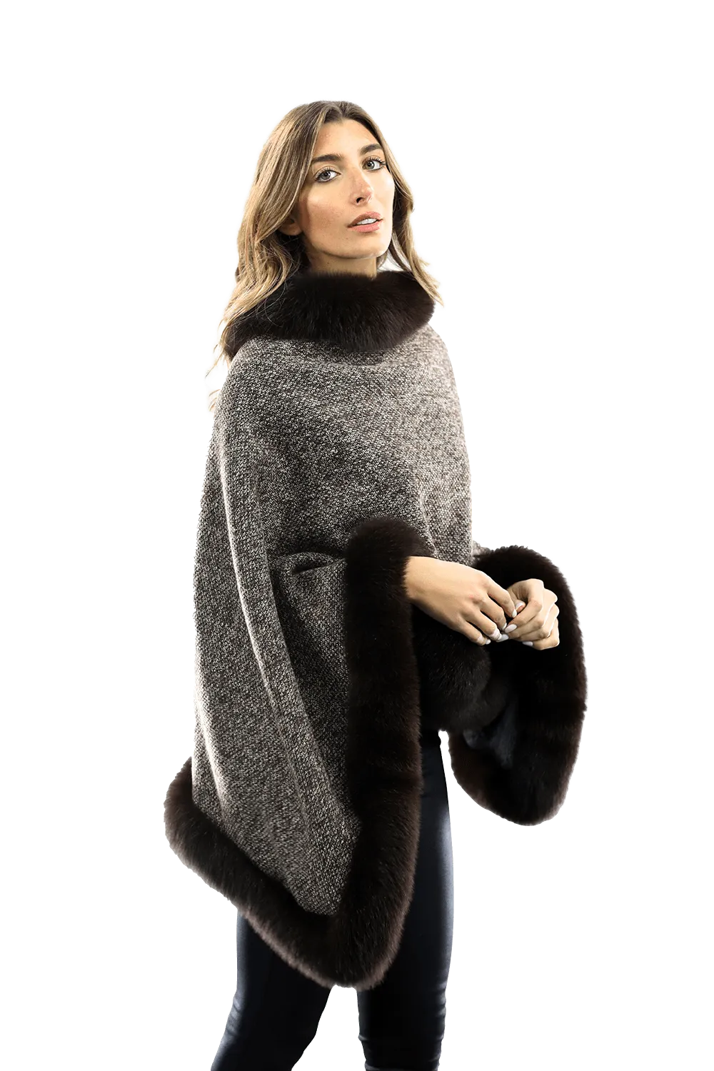 Tweed Poncho with Fur Trim - Brown