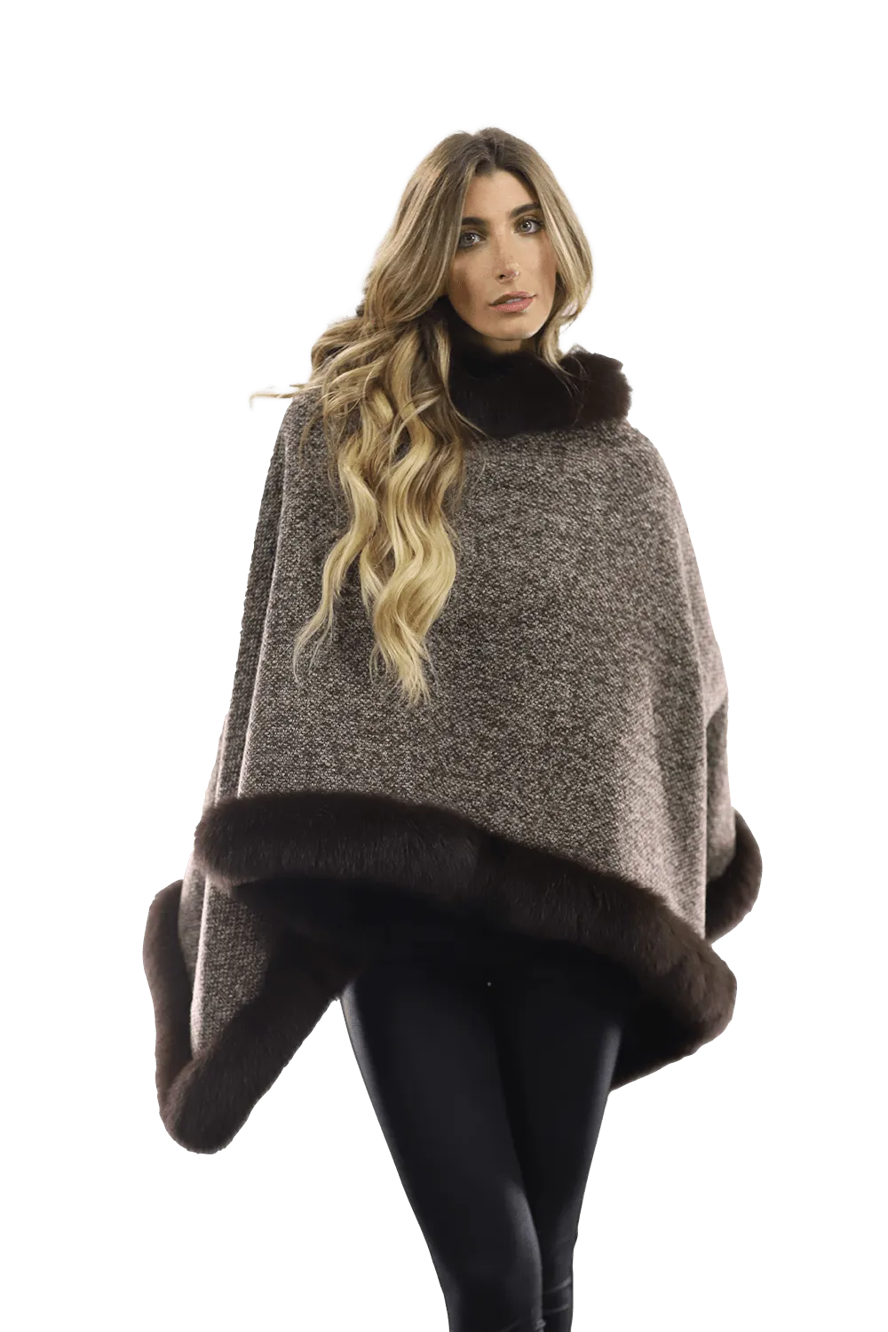 Tweed Poncho with Fur Trim - Brown