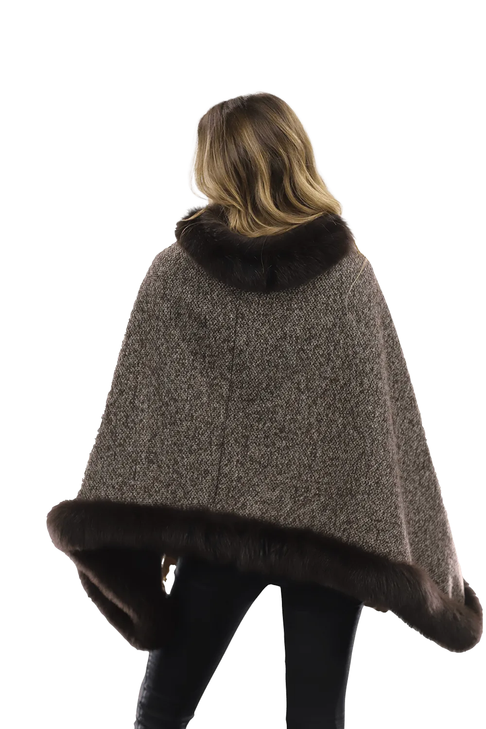 Tweed Poncho with Fur Trim - Brown