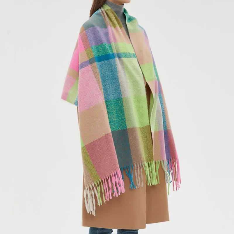 Unisex Rainbow Plaid Thickened Winter Fringe Scarf