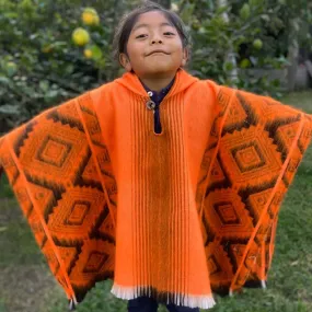 Upano - Alpaca Wool Kids Unisex South American Handwoven Hooded Poncho - kids sizes - bright orange diamond pattern