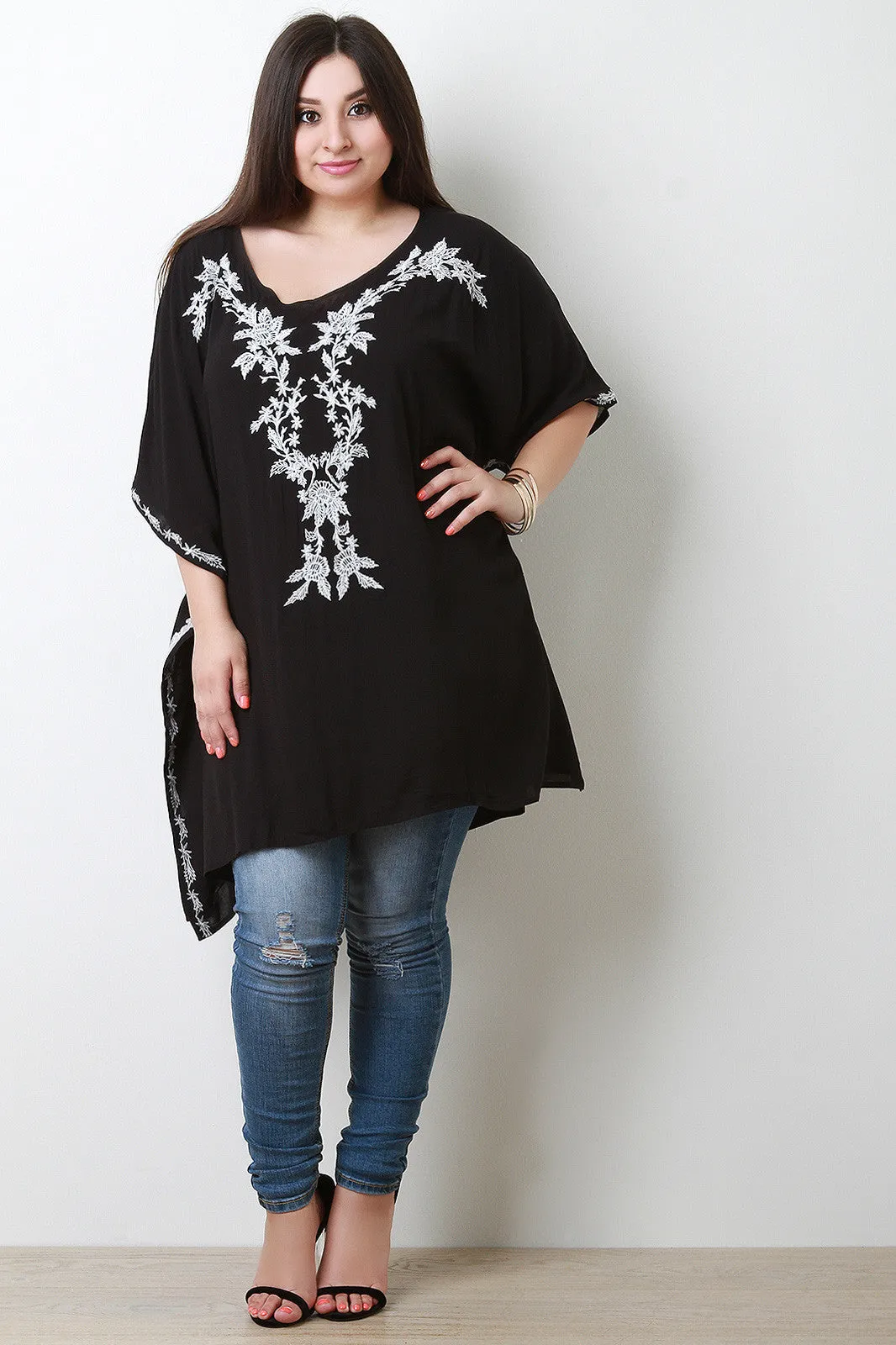 V-Neck Embroidery Poncho Top