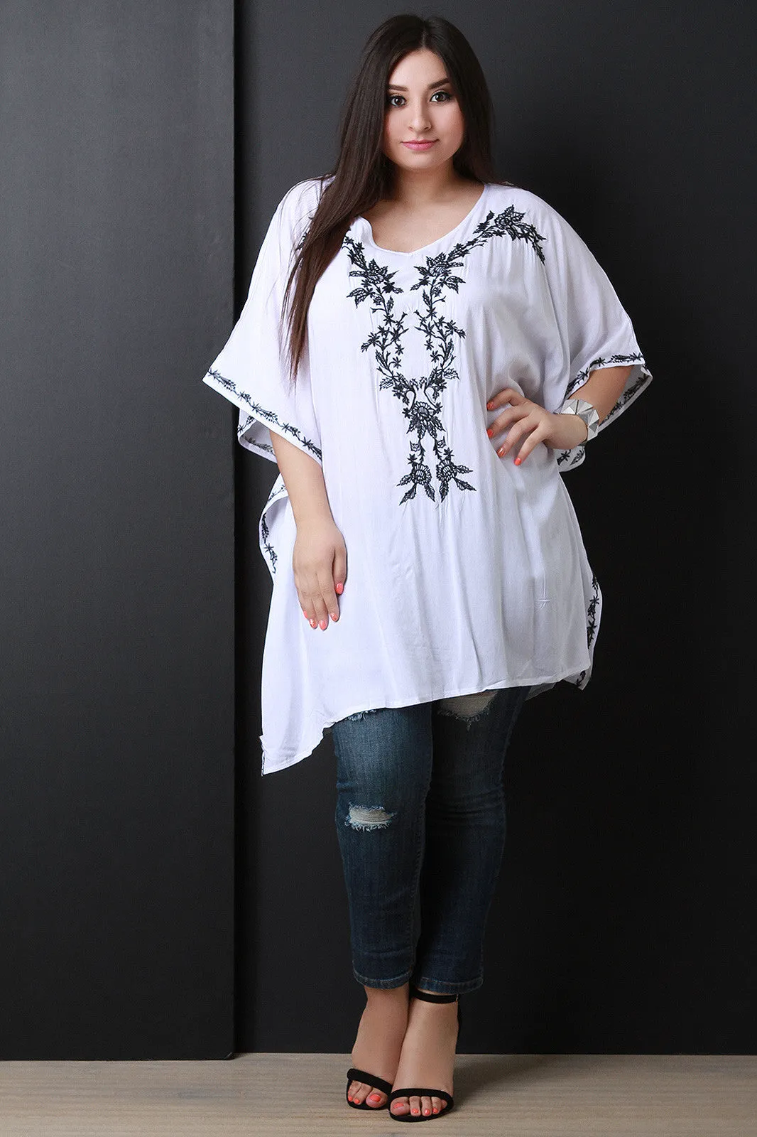 V-Neck Embroidery Poncho Top