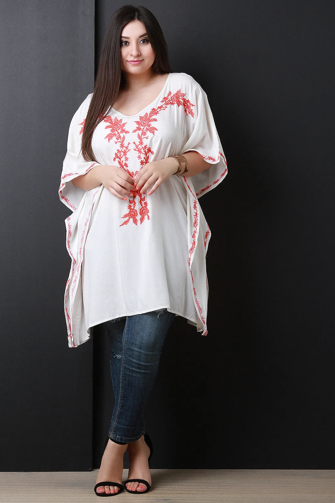 V-Neck Embroidery Poncho Top