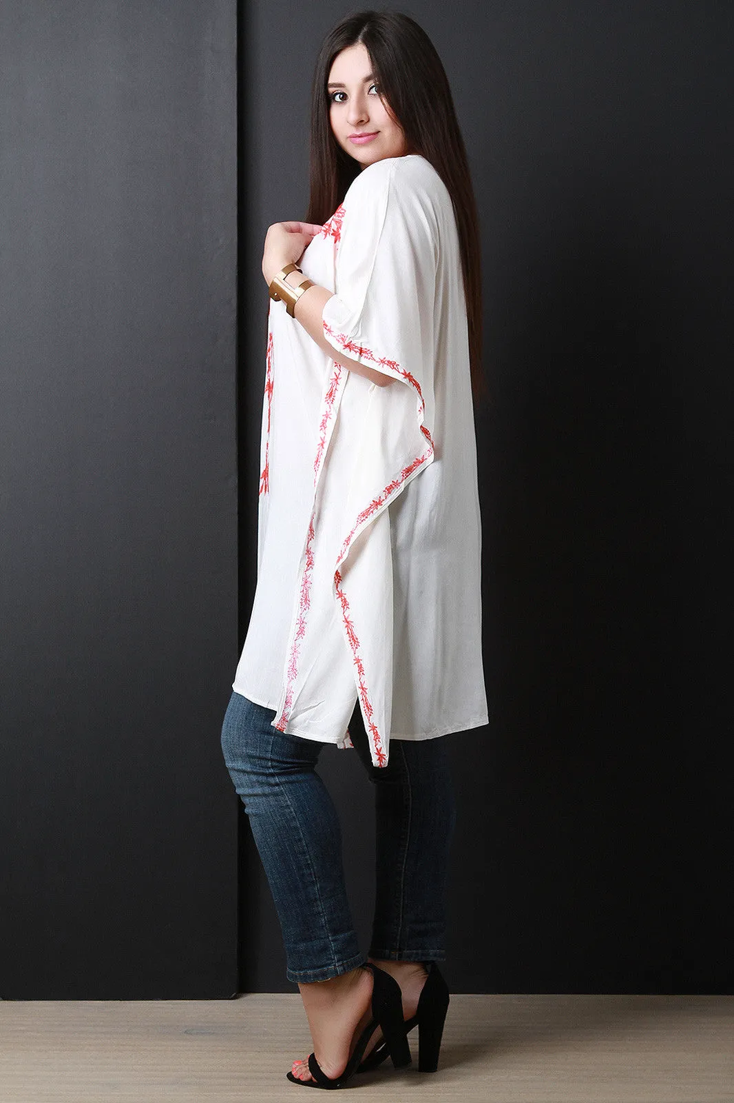 V-Neck Embroidery Poncho Top