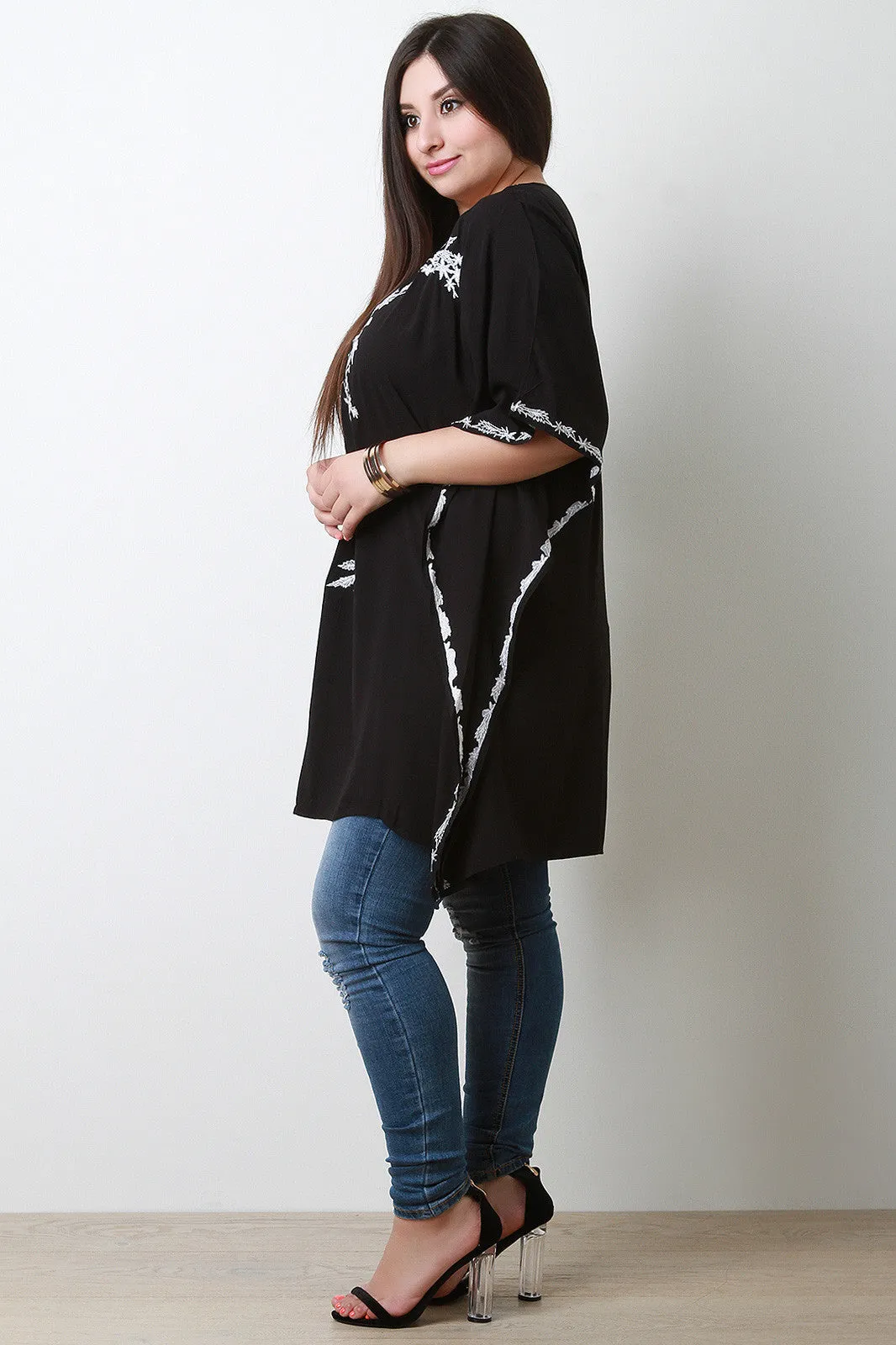 V-Neck Embroidery Poncho Top