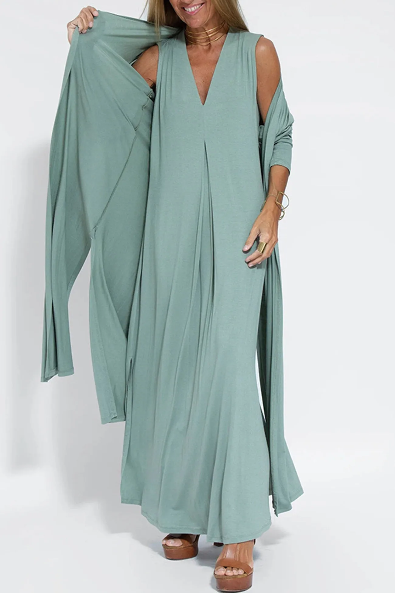 V Neck Tank Dress Long Cardigan Suits